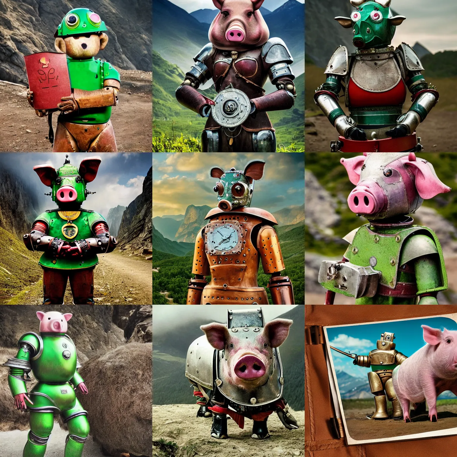 Prompt: High resolution, high quality, extremely detailed, colour historical photo of robot pig , wearing leather armour and a green undershirt, holding a 🛡 and an 🪓, a fierce expression on her face, standing in the mountains of village