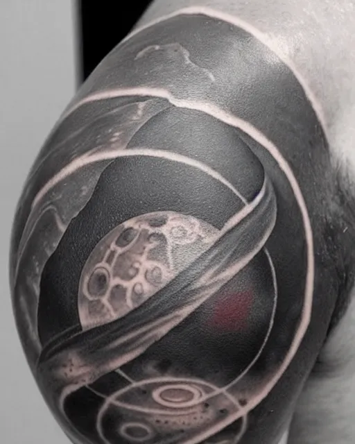 Image similar to planets on the top of a broken renaissance head statue, realism tattoo design, in the style of rob richardson