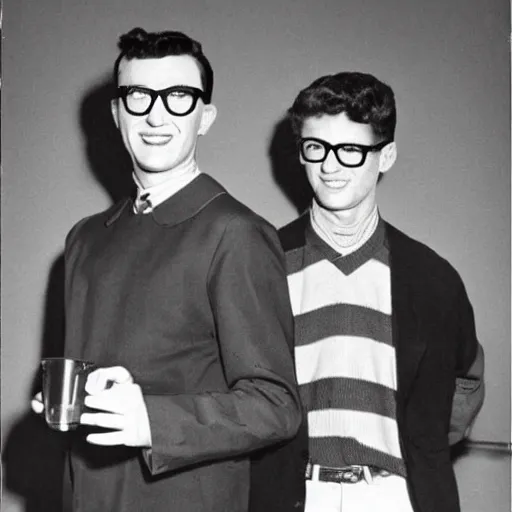 Image similar to a man who looks just like buddy holly, next to a man who looks like mary tyler moore. they do not care what they say about them. homies are dissing their girl as the picture is taken. stunning photography.