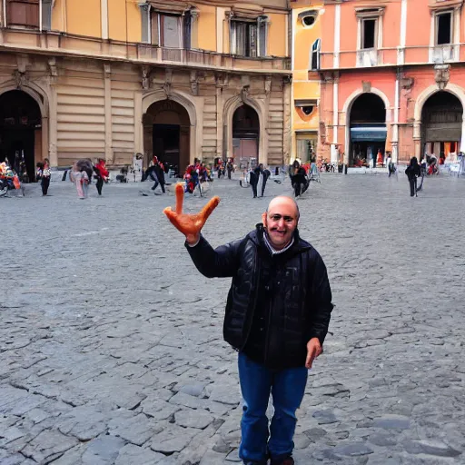 Prompt: friendly looking local from Bologna offering you a cotoletta in Piazza Cavour