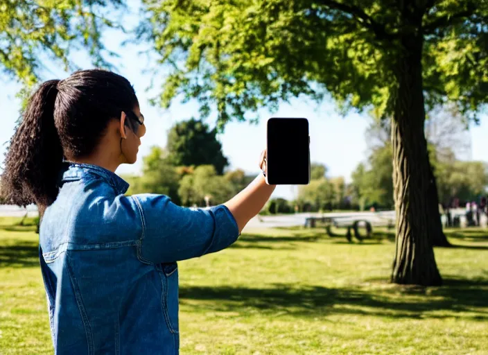 Image similar to photo still of a bronze statue of a woman using an iphone to take a selfie in a park on a bright sunny day, 8 k 8 5 mm f 1 6