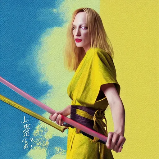 Prompt: breathtaking detailed pattern pastel colors, action scene from kill bill, with uma thurman ( kill bill ) in yellow kimono, swinging katana sword, and mt. fuji, by hsiao - ron cheng, exquisite detail, enhanced eye detail