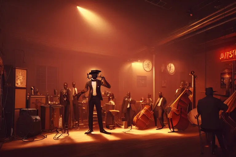 Image similar to a steampunk black man with long curly hair jazz musicians playing at a night club, focus on the musicians, cinematic lighting, exaggerated detailed, unreal engine, octane render, trending on artstation, art by greg rutkowski, 4 k