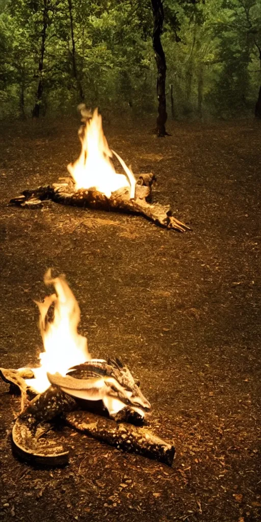 Image similar to A white dragon in the woods at nigth resting in front a camp fire