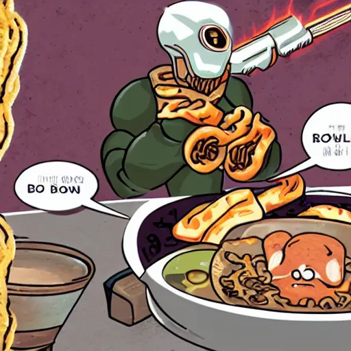 Prompt: doom guy eating a bowl of ramen while firing a shotgun