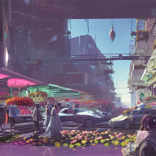 Prompt: detailed painting of a cyberpunk flower market with roman architecture and flying cars, artstation, syd mead, cinematic