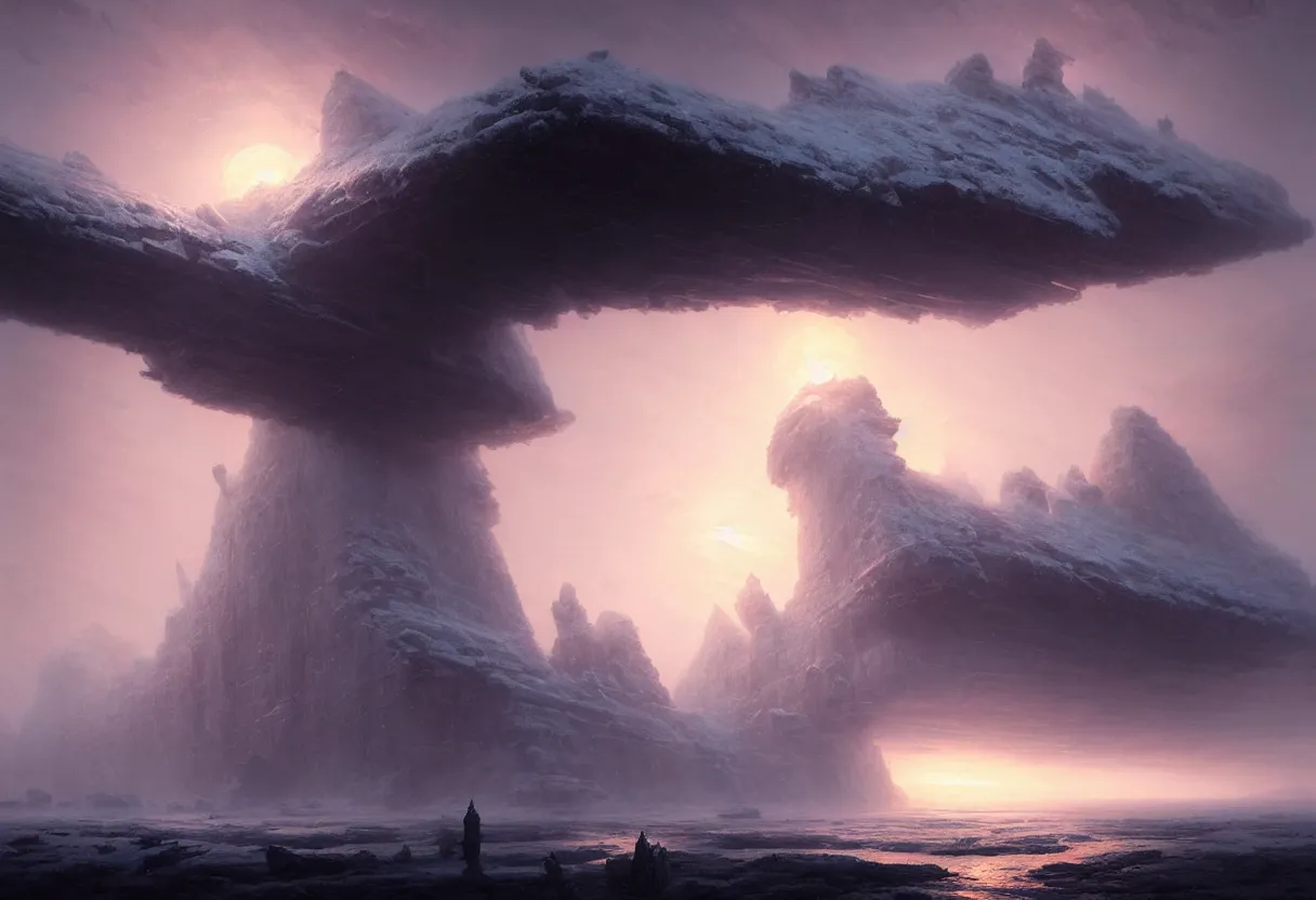 Prompt: strange surface of another frozen winter planet at sunset ruins of ancient civilization at sea, ultra high definition, ultra detailed, symmetry, fog, matte painting, by greg rutkowski and ross tran and wlop