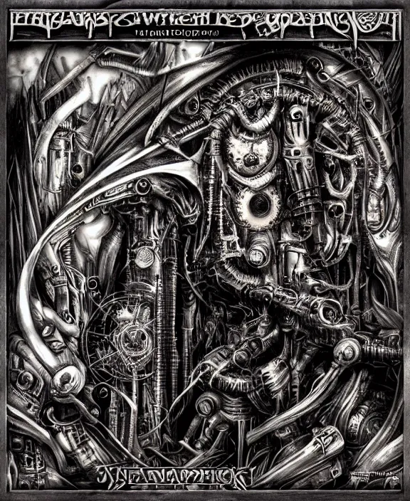 Image similar to a steampunk heavy metal album cover by hr giger