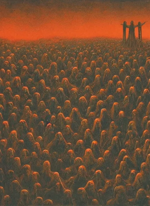 Image similar to a large amount of cultist followers gathered in front of a cult leader's stage, view from stage, in the style of beksinski