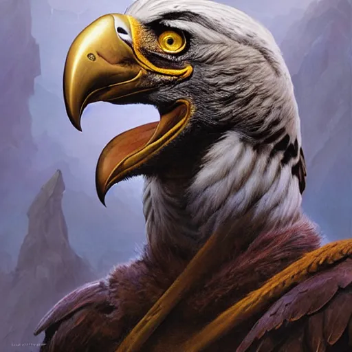 Image similar to head and shoulders portrait of a male aarakocra anthropomorphic eagle, d & d, fantasy, greg rutkowski, frank frazetta, alexandre chaudret, boris vallejo, michael whelan, miro petrov, hr giger, magali villeneuve, donato giancola