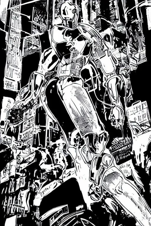 Image similar to ultron standing heroically, a page from cyberpunk 2 0 2 0, style of paolo parente, style of mike jackson, 1 9 9 0 s comic book style, white background, ink drawing, black and white