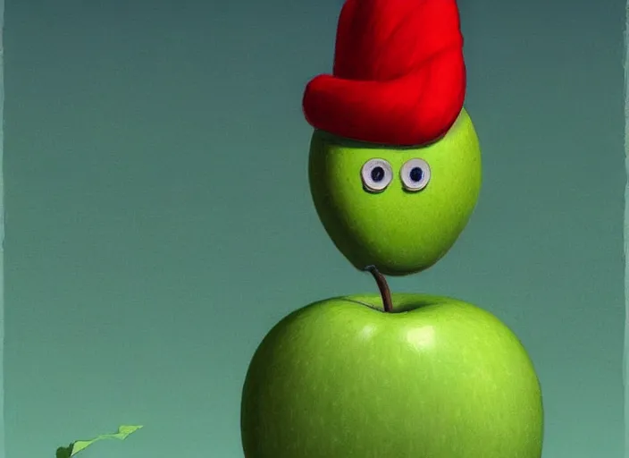 Image similar to a digital painting of a beautiful anthropomorphic humanoid green apple wearing a red dress, by netter and René Magritte, style from greg rutkowski, googly eyes, full frame, oil painting, featured on artstation, concept art, smooth, sharp focus, illustration, very detailed, ambient lighting, unreal engine render, concept art by