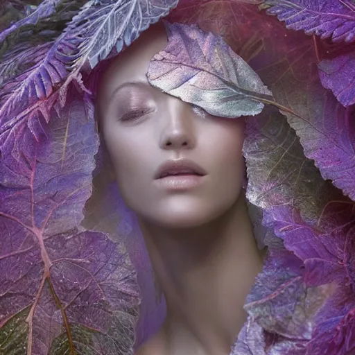 Prompt: a highly detailed ethereal full body shot, digital image of a silver covered elegantly posed futuristic woman beautifully cocooned in chromatic leafy foliage like leaves shot, full body shot, by Andrew Chiampo, artstation, and Frederik Heyman, extremely detailed woman, stunning volumetric lighting, intricate details, hyper realism, realistic fantasy, sci-fi, textured, stylized, 4k,