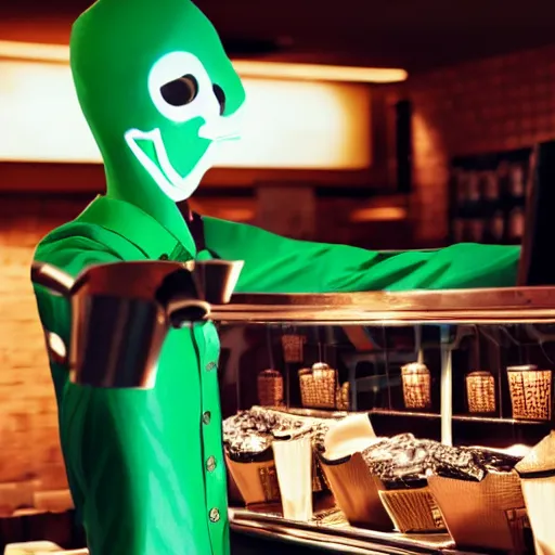 Image similar to slenderman working at starbucks, stock photo, cheerful lighting