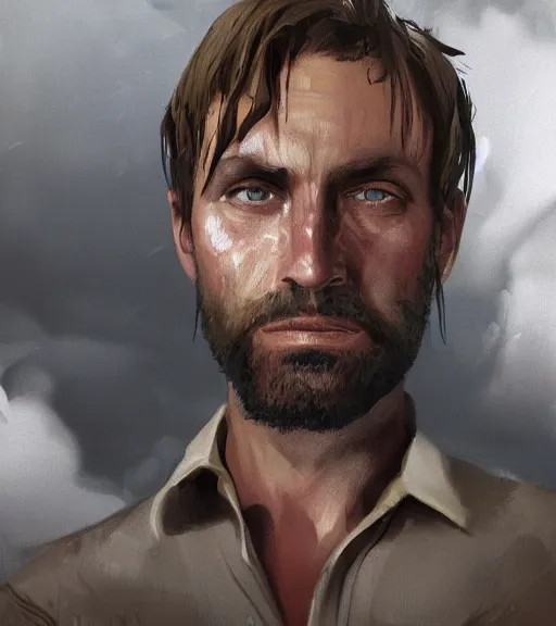 Image similar to portrait of muscular, tired and alcoholic 3 0 - year - old grieving man with short darkblonde hair, serious sad look in his eyes, looking down, dirty beard, blue eyes, crying tears, wearing dirty soldier uniform, on the desert, sad atmosphere, hyper realistic face, character art, art by mark brooks, cryengine, trending on artstation, digital art