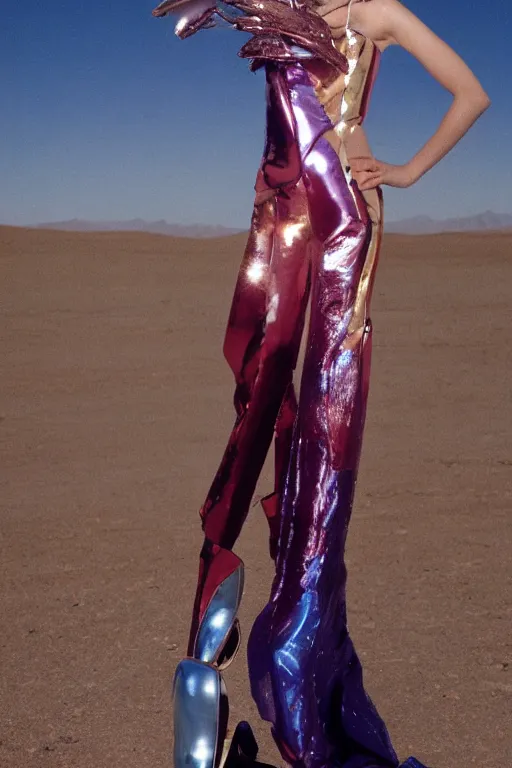 Image similar to portrait davis taylor brown dressed in 1 9 8 1 space fantasy fashion, avante garde, shiny metal, standing in a desert