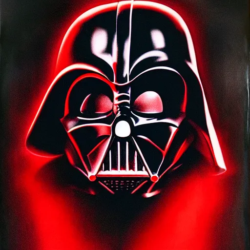 Image similar to A German Expressionist film poster of a face split between Darth Vader and Anakin Skywalker; two tone, black and red; photorealistic