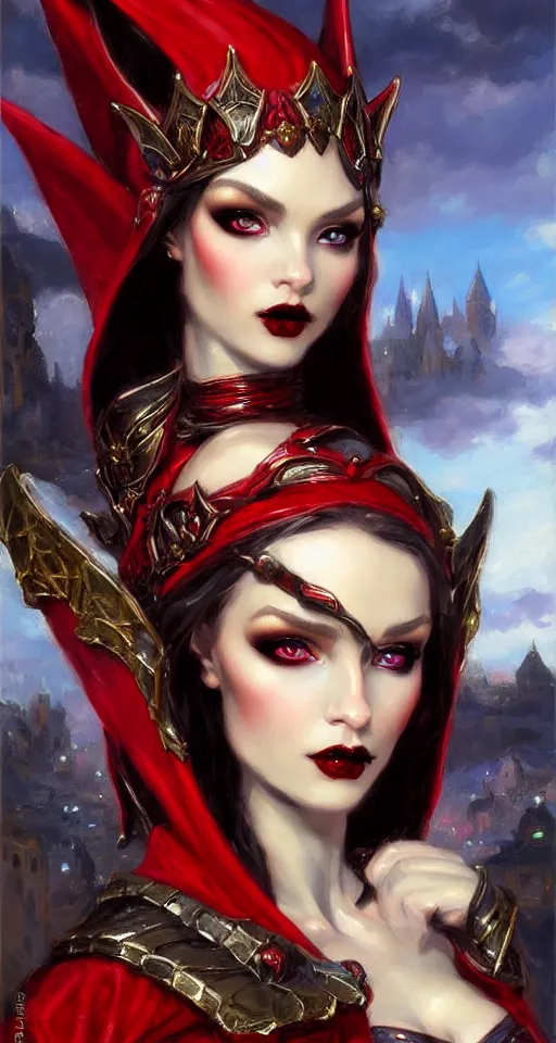 Prompt: Gothic elf princess in red dragon armor by Konstantin Razumov, face close up