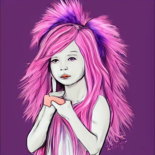 Image similar to little girl with eccentric pink hair wearing a dress made of purple feather, art by dcwj