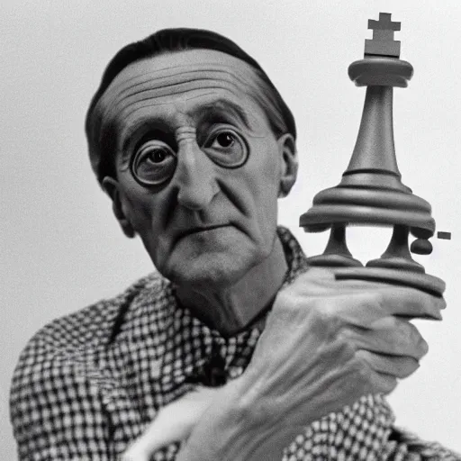 Prompt: Marcel Duchamp holding a low poly wireframe mesh model of a chess piece, blender, 35mm film