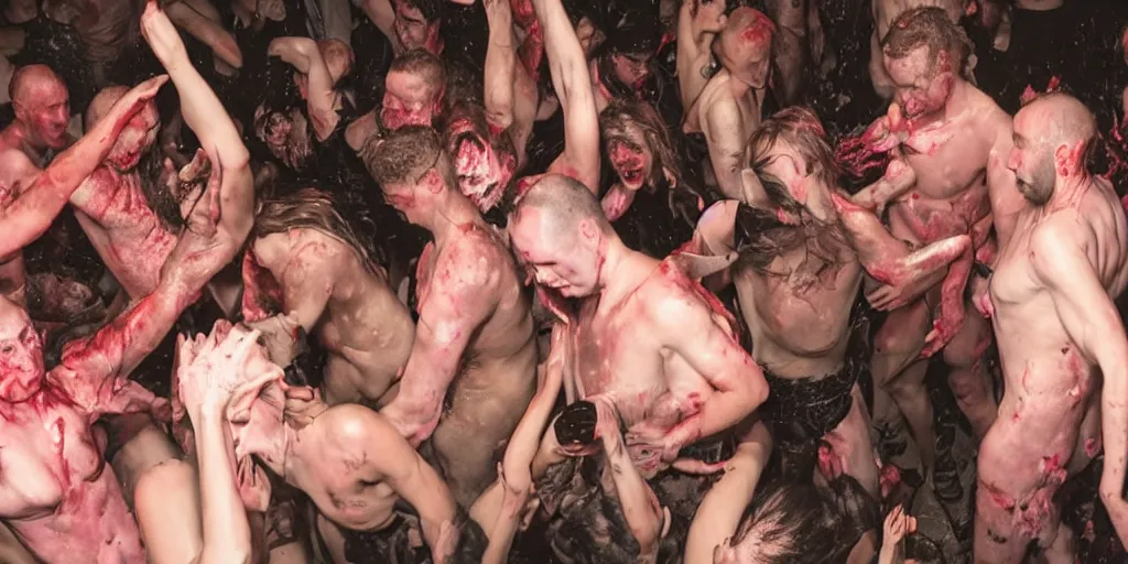 Prompt: a rave of flesh, melting, party, claustrophobic, ultra-realistic