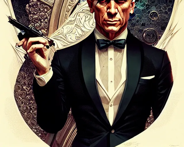 Image similar to James Bond, art nouveau, fantasy, intricate science designs, elegant, highly detailed, sharp focus, art by Artgerm and Greg Rutkowski and WLOP