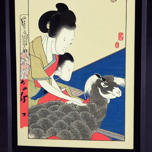 Prompt: ukiyo-e painting of an elegant llama bowing in front of a Geisha