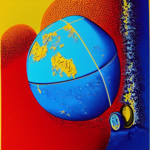 Prompt: colorful lithograph of a globe being sucked into a pipeline leading to a layered neural network