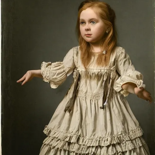 Prompt: A portrait of a grumpy young girl in a frilly dress