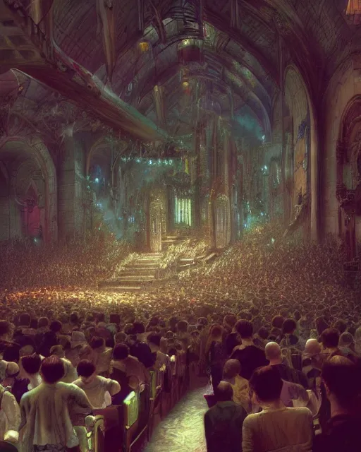 Image similar to craig mullins and ghibli digital illustration of a crowd in a futuristic church, priest, pews, ethereal, inviting, bright, unreal engine, hyper realism, realistic shading, cinematic composition, realistic render, octane render, detailed textures, photorealistic, wide shot