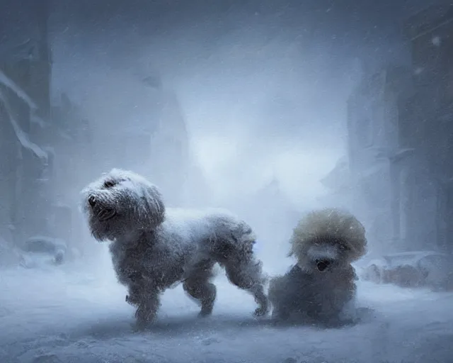 Image similar to prompt bichon battles through snowstorm with stomach scarred, digital painting, in the style of greg rutkowski, highly detailed