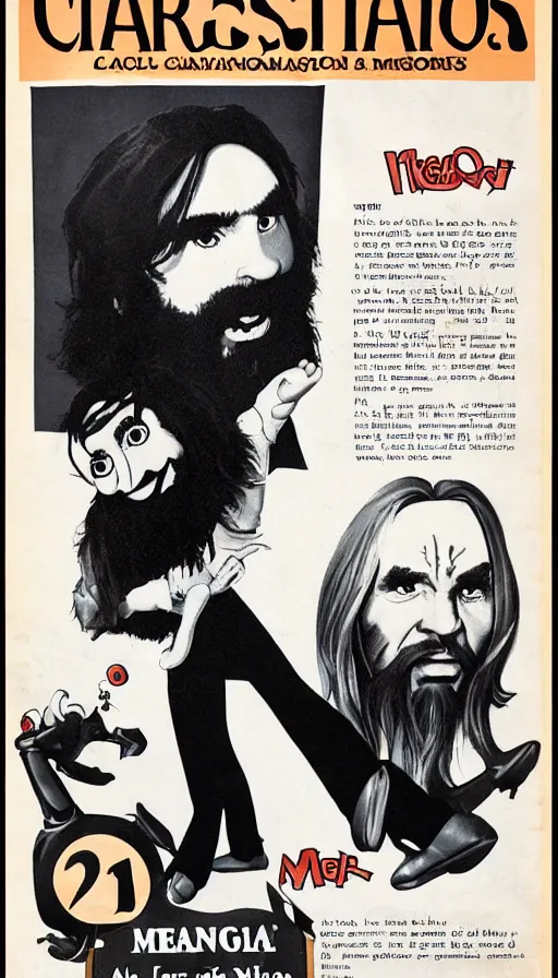 Image similar to vintage magazine advertisement depicting charles manson hosting the muppet show