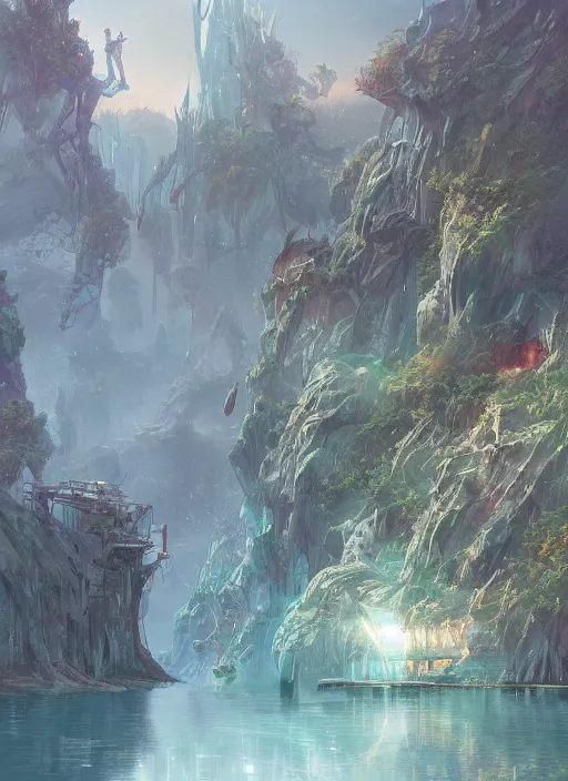 Prompt: A beautiful digital painting of a sci-fi landing platform, crystal lake, lovely valley by Stanley Artgerm Lau, Rossdraws, James Jean, gerald brom, Andrei Riabovitchev, Marc Simonetti, and Sakimichan, trending on artstation