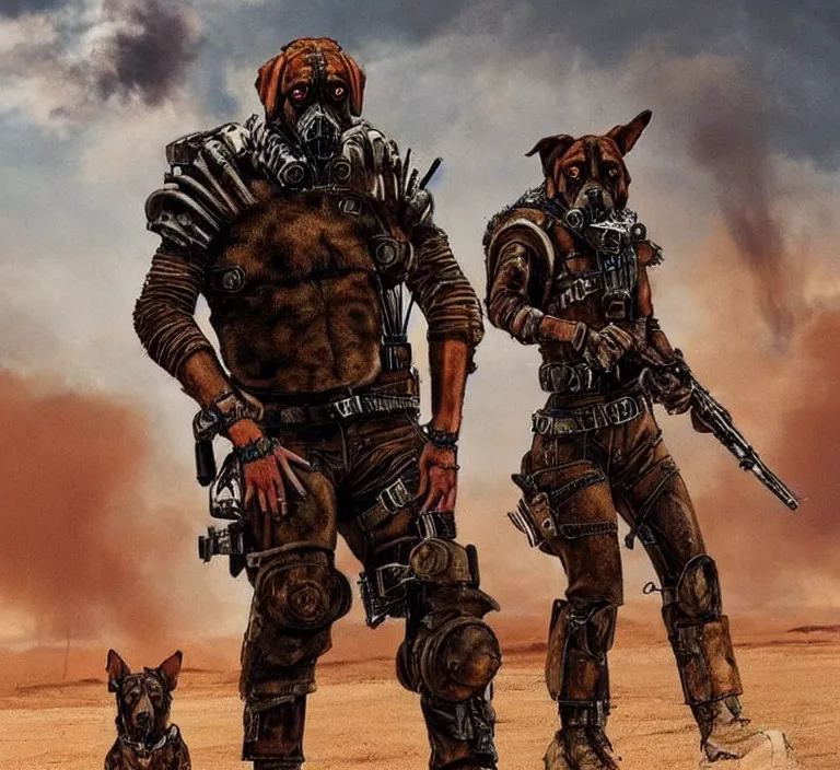 Image similar to a good ol'bloodhound pup fursona ( from the furry fandom ), heavily armed and armored facing down armageddon in a dark and gritty version from the makers of mad max : fury road. witness me.