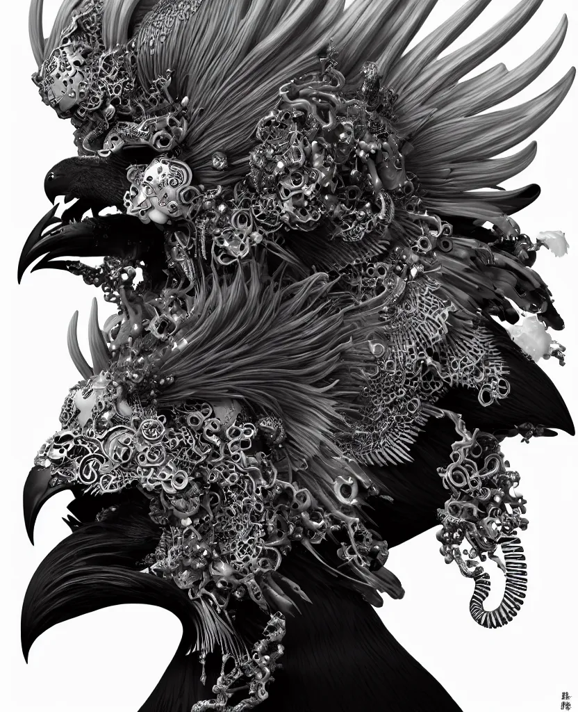 Image similar to 3 d goddess close - up profile portrait punk with mohawk with ram skull. beautiful intricately detailed japanese crow kitsune mask and clasical japanese kimono. betta fish, jellyfish phoenix, bio luminescent, plasma, ice, water, wind, creature, artwork by tooth wu and wlop and beeple and greg rutkowski