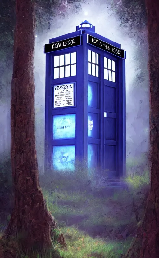 Image similar to a portrait of a tardis, in the woods, dynamic lighting, photorealistic fantasy concept art, trending on art station, stunning visuals, creative, cinematic, ultra detailed