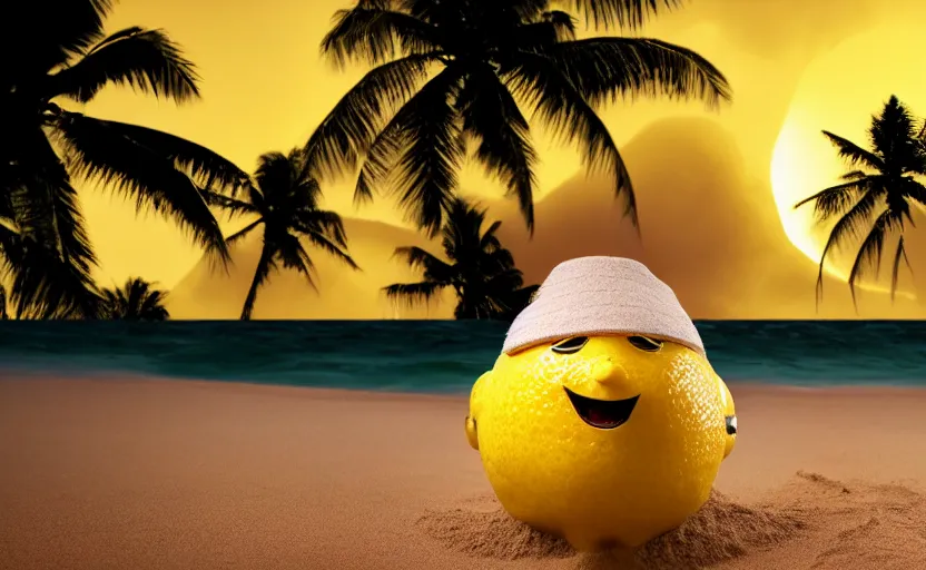 Image similar to 5 0 mm photograph, of a real anthropomorphic lemon character, fit body, with lemon skin texture, it is wearing a hat and scuba diving, building a sandcastle on the beach at sunset, beach, huge waves, sun, clouds, tropical trees, rim light, cinematic photography, professional, sand, sandcastle, volumetric lightening