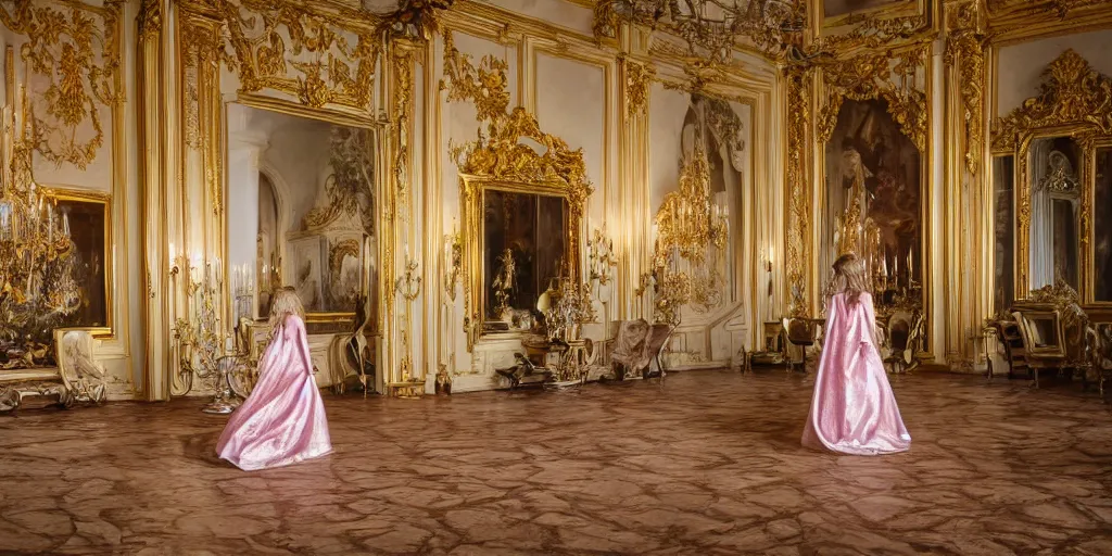 Prompt: highly detailed photo of an alone long flowery hair princess walking in a baroque dreamy room full of renaissance furniture, cinematic lighting, intricate, 4k resolution, elegant