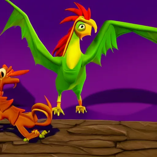 Prompt: screenshot of a humanoid anthropomorphic griffin bard with a feather in its cap as an enemy in spyro the dragon video game, with playstation 1 graphics, activision blizzard, upscaled to high resolution