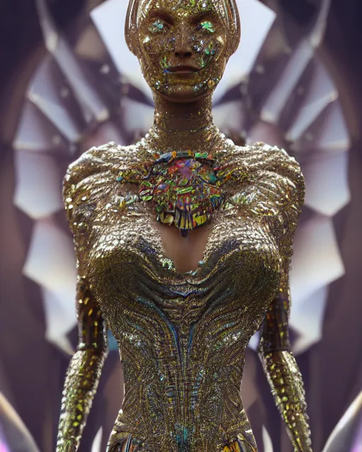 Prompt: a highly detailed metahuman 4 k close up render of an alien goddess bella hadid monument dmt in iris van herpen dress schiaparelli in diamonds crystals swarovski and jewelry iridescent in style of alphonse mucha gustav klimt trending on artstation made in unreal engine 4