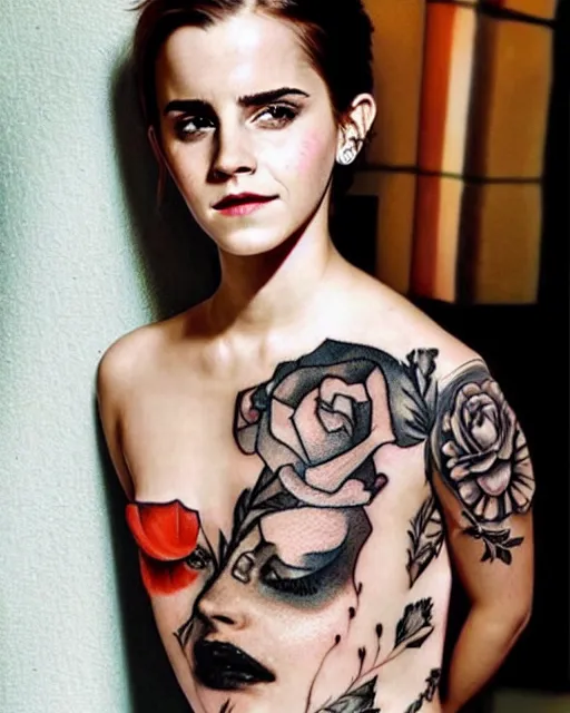 Image similar to emma watson, dope tattoo, hyperrealistic