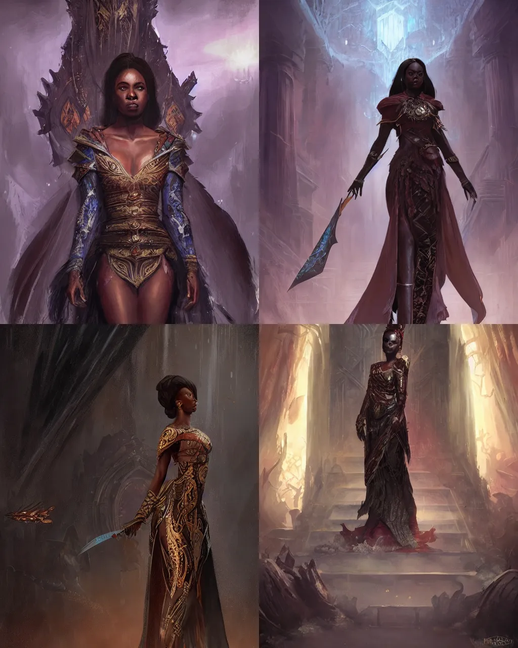 Prompt: Elegant dark skinned queen wearing a brocade dress| high fantasy | d&d | dragon age | jeff easley, greg rutkowski, pino daeni | volumetric lights | in throne room |