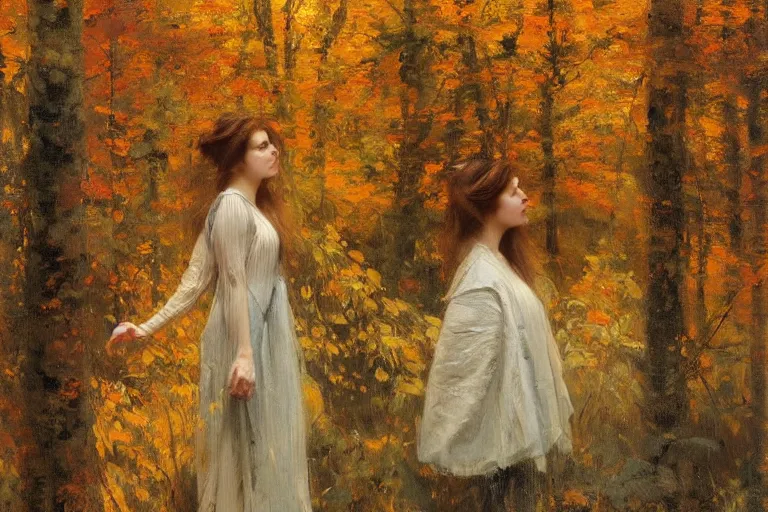 Prompt: how i wish i could see the autumn, when the leaves start to turn to the color of your hair, oil on canvas, portrait of a beautiful woman with long wavy hair colored autumn leaves, in a forest in autumn, by jeremy lipking, john singer sargent