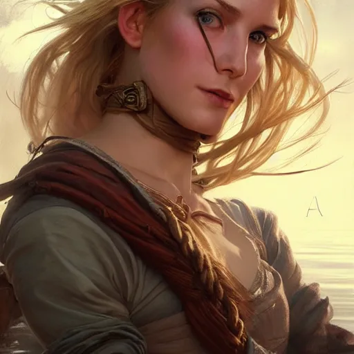 Prompt: portrait of a young ruggedly handsome but joyful pirate, female, feminine, upper body, blonde hair, long hair, d & d, fantasy, seductive smirk, intricate, elegant, highly detailed, digital painting, artstation, concept art, matte, sharp focus, illustration, art by artgerm and greg rutkowski and alphonse mucha