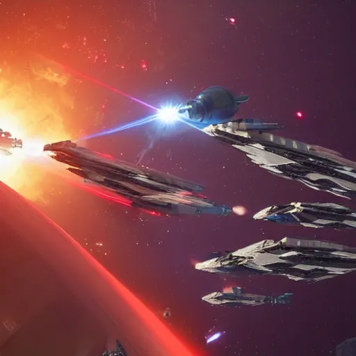 Prompt: a spaceship battle between two factions with lasers and exploding ships in space, photorealistic, detailed