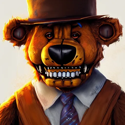 Image similar to portrait commission of freddy fazbear,realistic,hyperdetailed,photorealistic,detailed face,art by greg rutkowski,trevor henderson,ross tran,artstation,deviantart,4k,western comic style,sharp lineart,professional lighting,professional shading