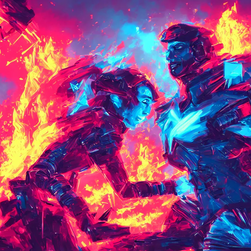 Image similar to explosions of ice and fire, retrowave epic art, trending on art station