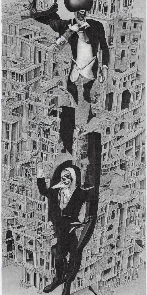 Image similar to faceless man flies through an MC Escher city, wearing a comedy mask in elizabethan boots and ruff, dramatic theater lighting