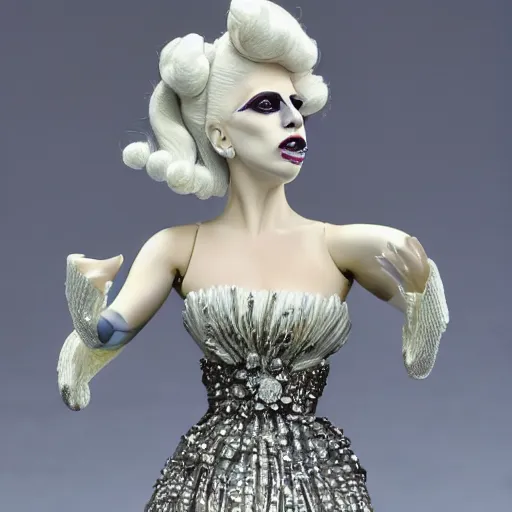 Prompt: lady gaga as a highly detailed porcelain figure on stand _ h 7 6 8