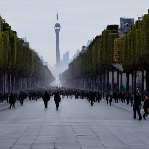 Image similar to Sith lord walking down the avenue des champs elysée, hyper-realistic, 8K HDR.